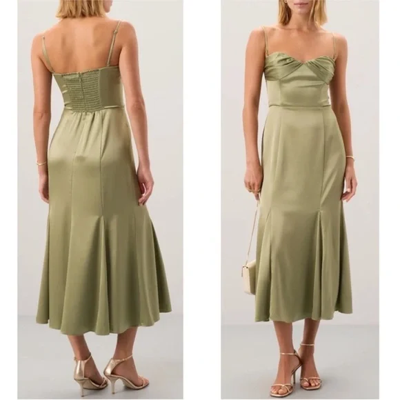 Reformation Hensley Ruched Artichoke Green Midi Dress Sz 12 - Picture 3 of 11